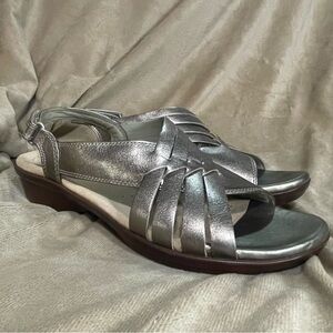 Clarks Metallic Pewter Cassey Leather Woven Slingback Sandals.